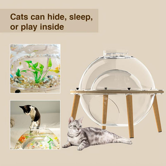 Round Cat Aquarium Tank with Wooden Stand - Reinforced Thick Glass Fish Tank with Viewing Space for Cats, Small Pets, and Fish - Creative Coexistence Habitat for Play and Rest - Includes Decorative Stones and Ornaments, Aquarium Fish Tank